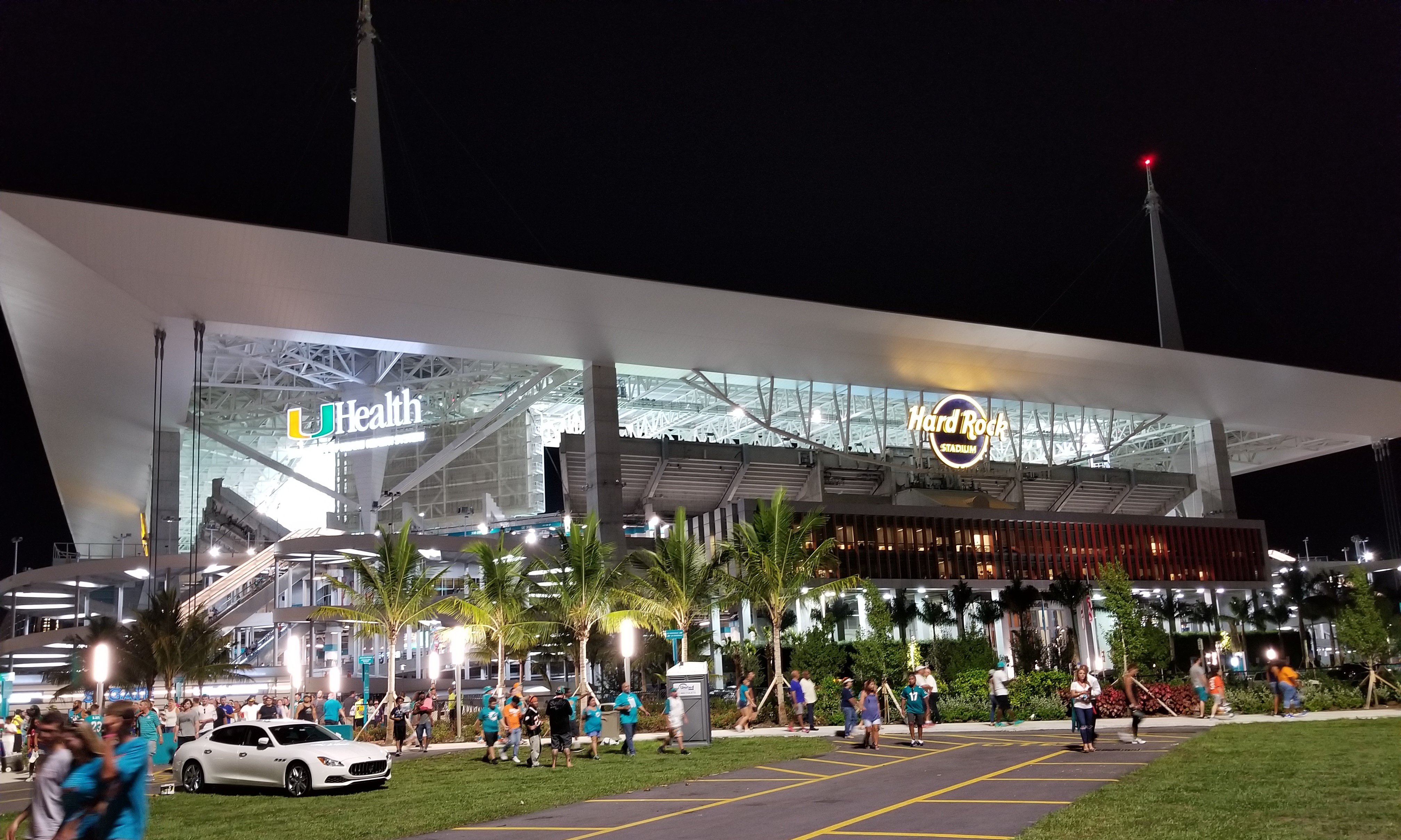 Hard Rock Stadium exterior in Miami Gardens on a clear day
