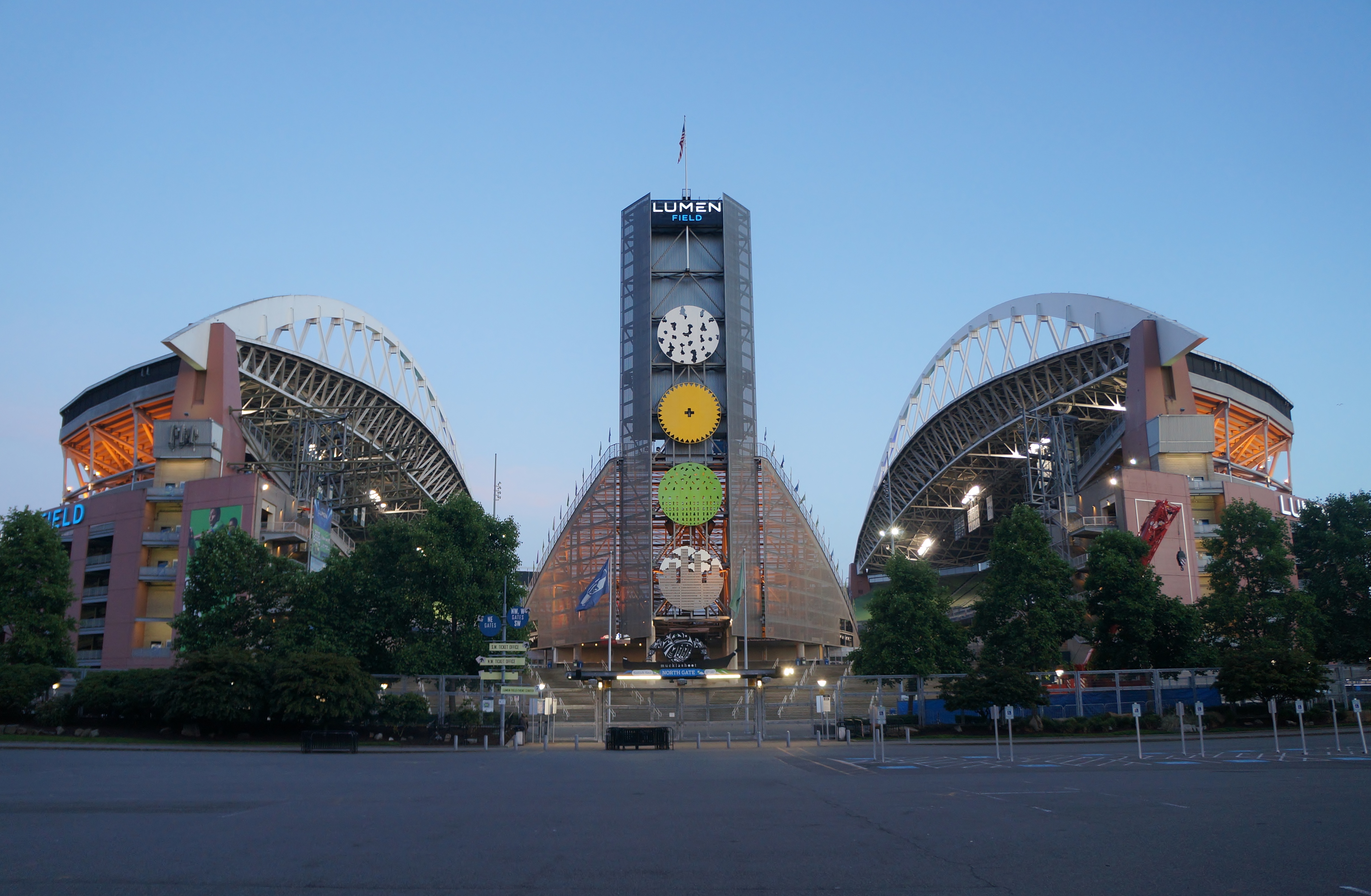 North side of Lumen Field in Seattle at dusk