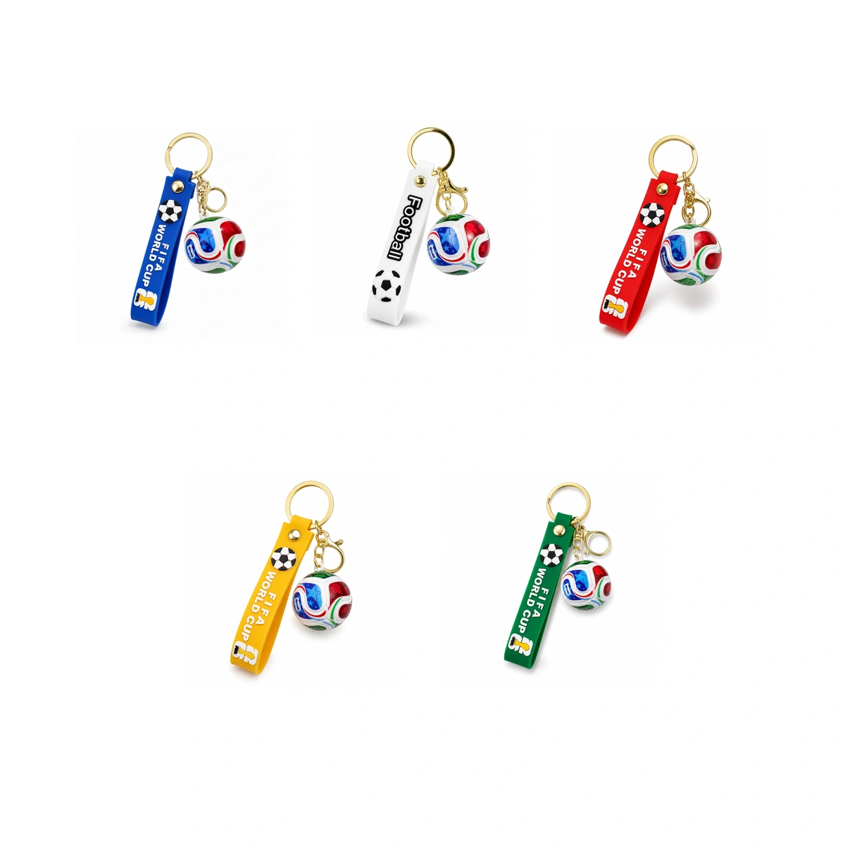 Soccer ball keychains with silicone straps arranged side by side