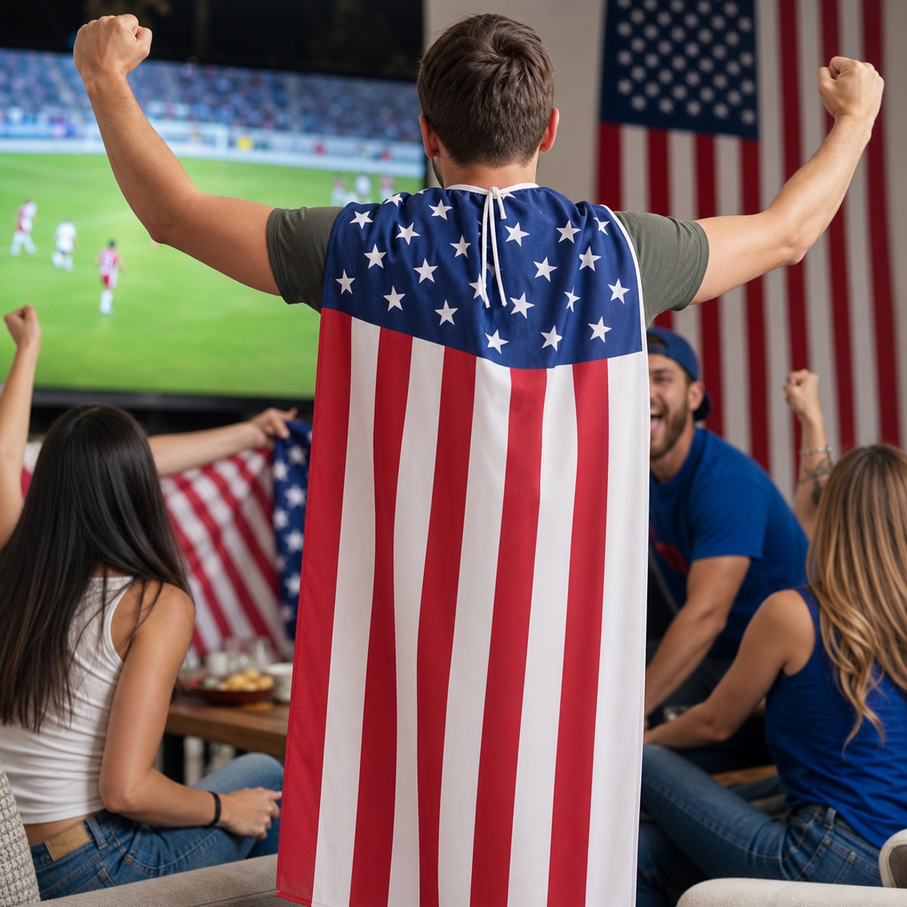 Fan wearing a 90x150cm drawstring country flag cape at a watch party