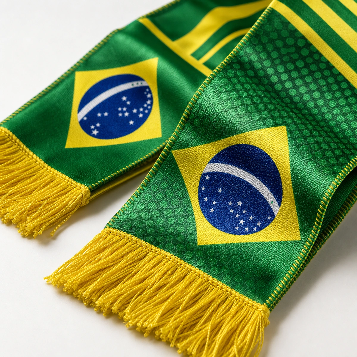 Country satin soccer fan scarf fabric and fringe detail