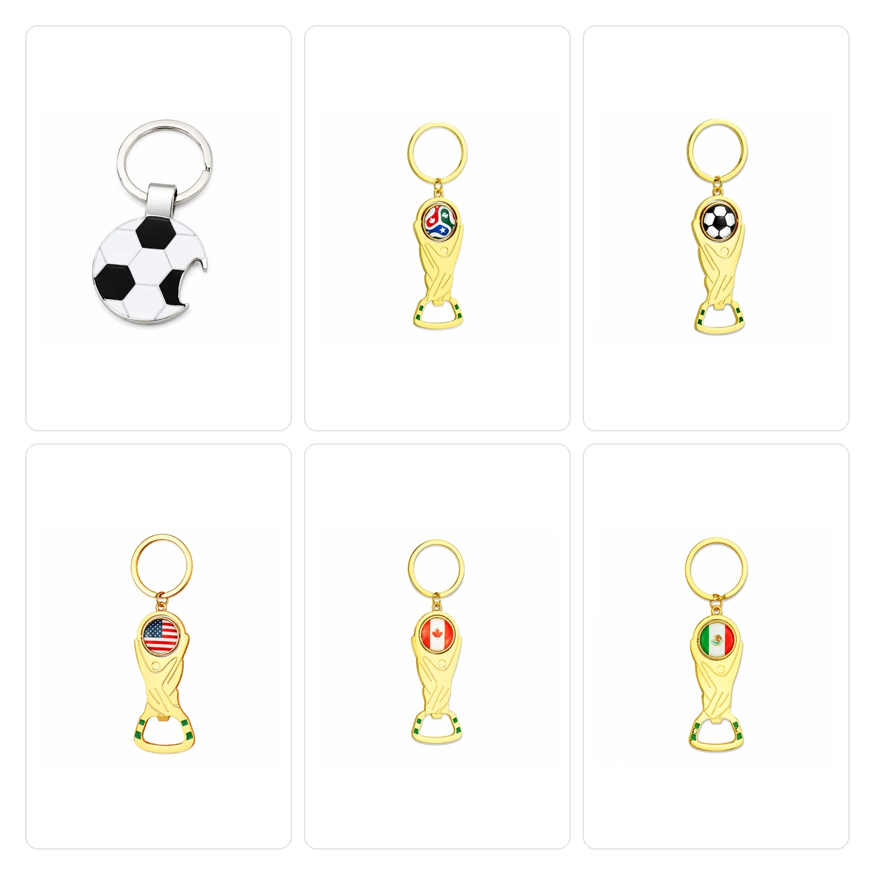 Close-up of football bottle opener keychains for fan gifts