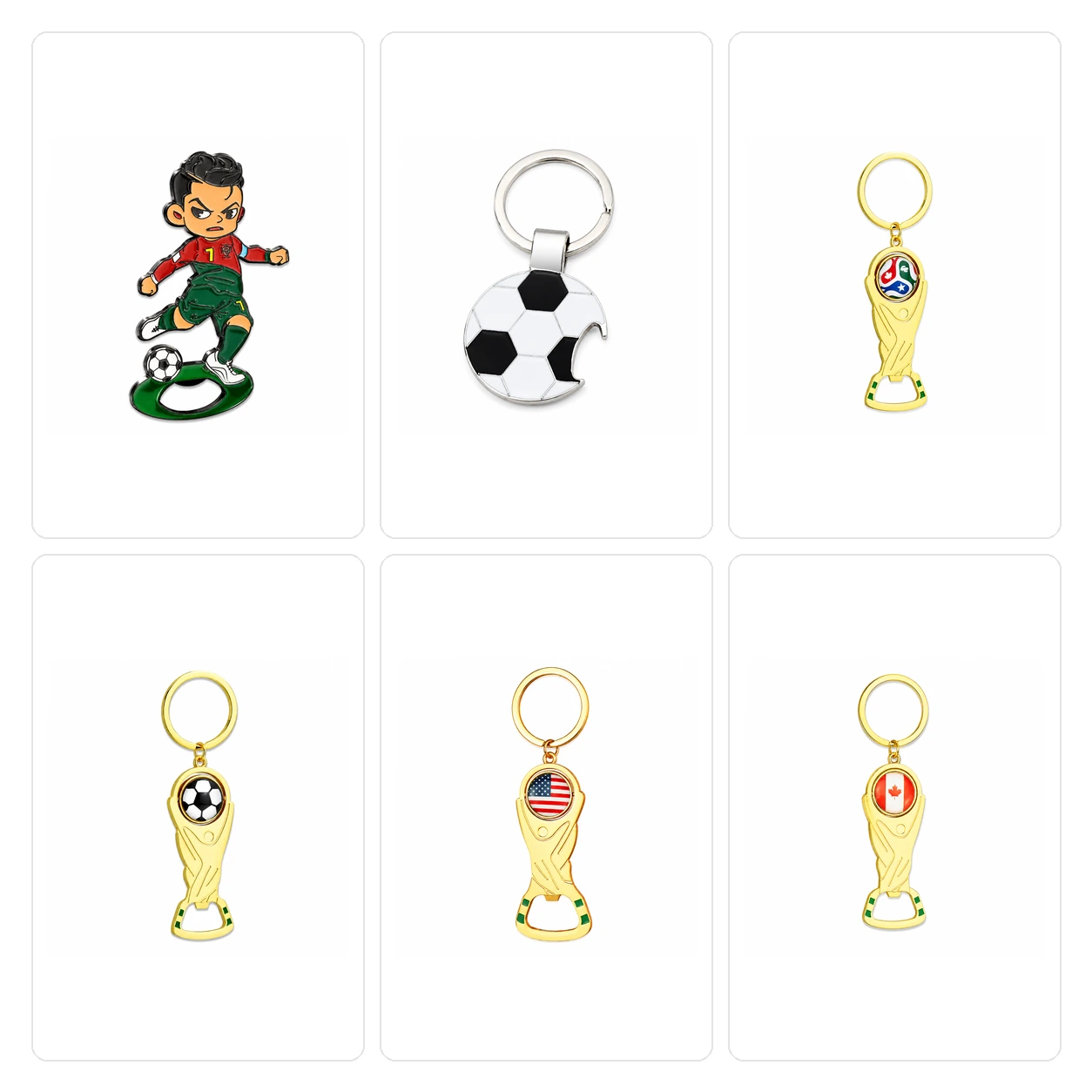 Football bottle opener keychains arranged for party favors