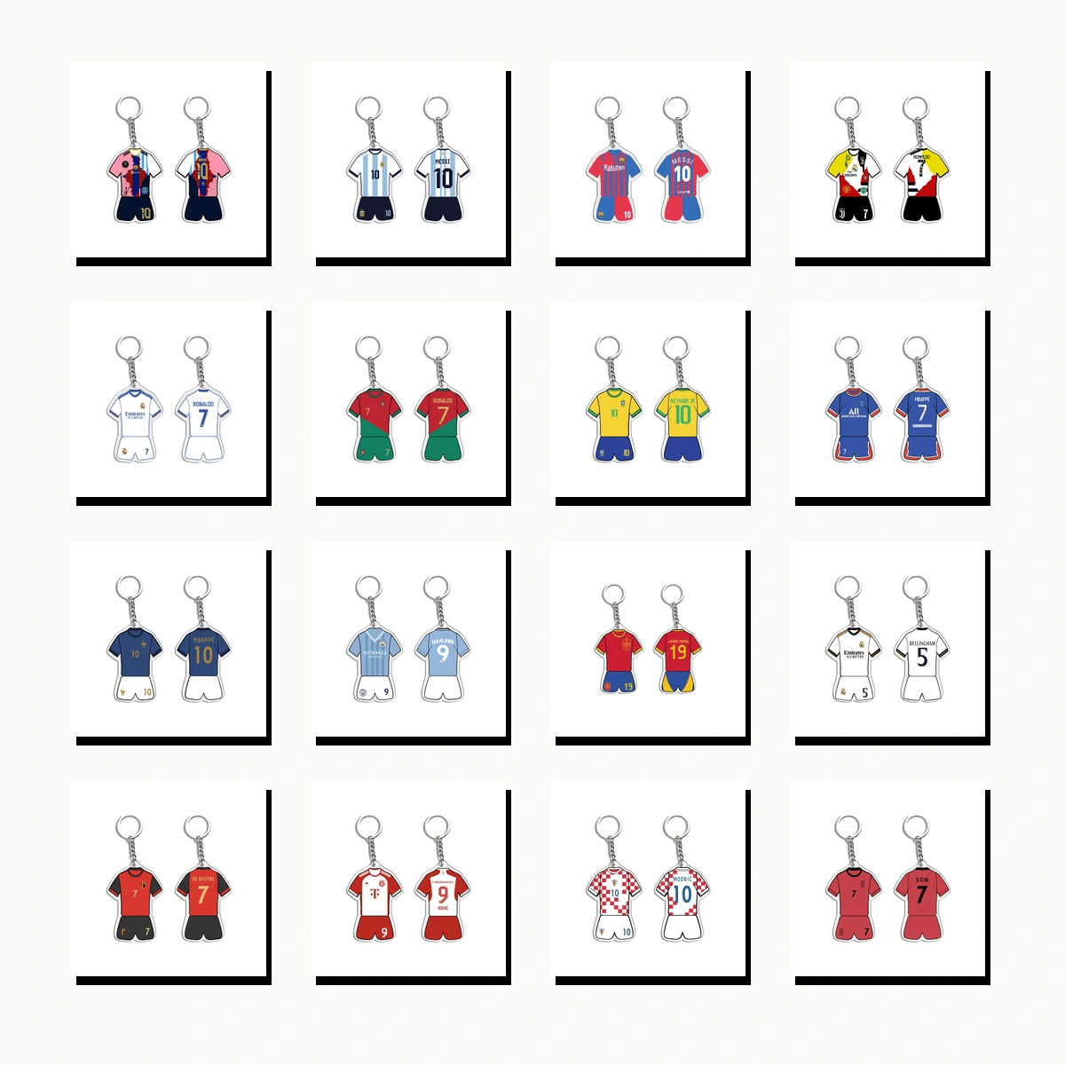 Soccer jersey keychain charm lineup in mixed player-inspired colors