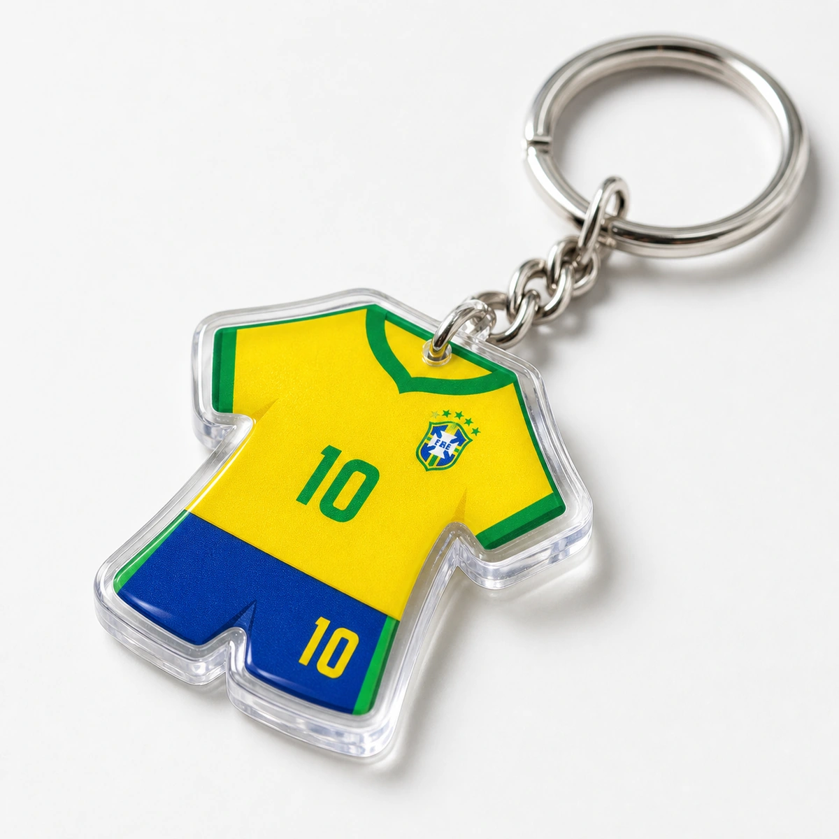 Close-up of a soccer jersey keychain charm front and back